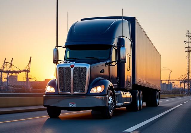 Large Hamilton semi-truck operating near the Port of Baltimore at dawn