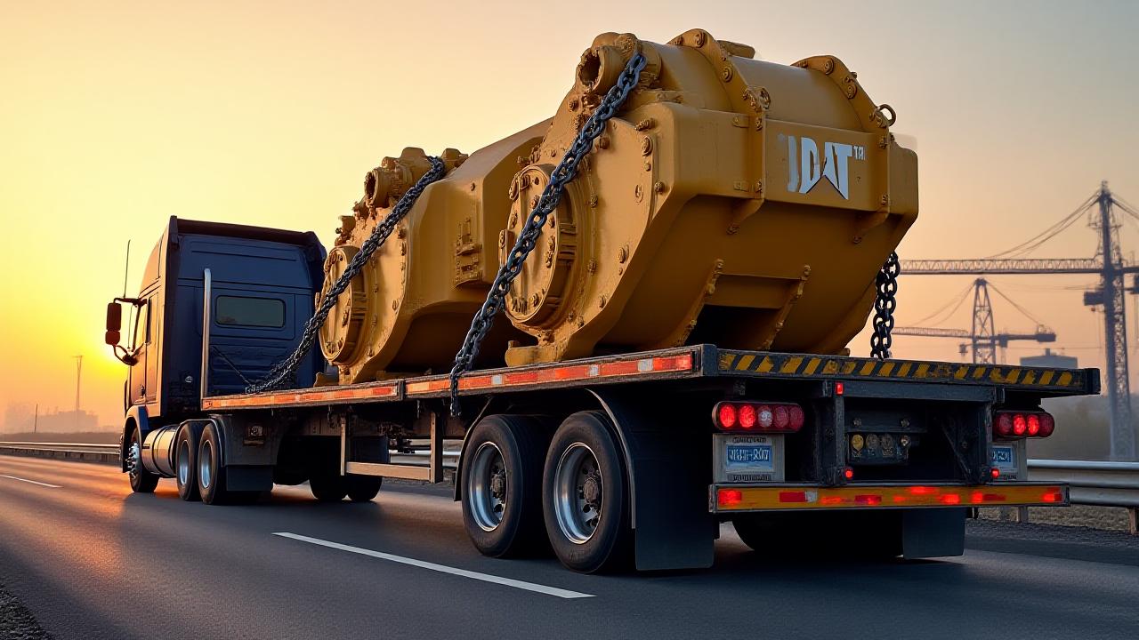 Heavy construction machinery secured to a Hamilton flatbed truck
