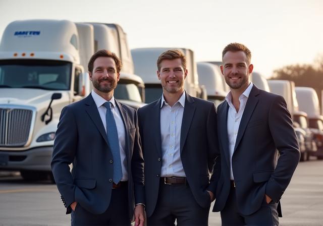 The Hamilton Trucking leadership team standing in front of a modern logistics center