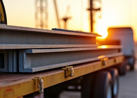Flatbed truck delivering steel beams to a Baltimore construction site