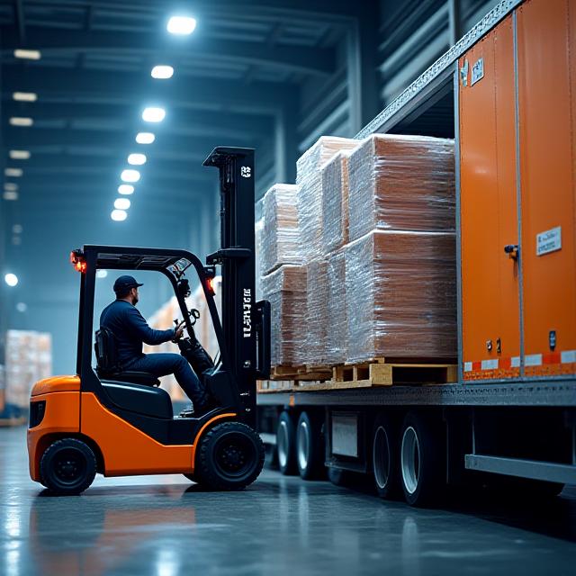 Precision forklift operator loading palletized LTL freight into a Hamilton truck