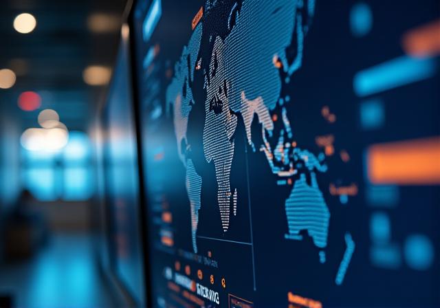 Close up of a secure data terminal tracking logistics in a dark high-tech environment