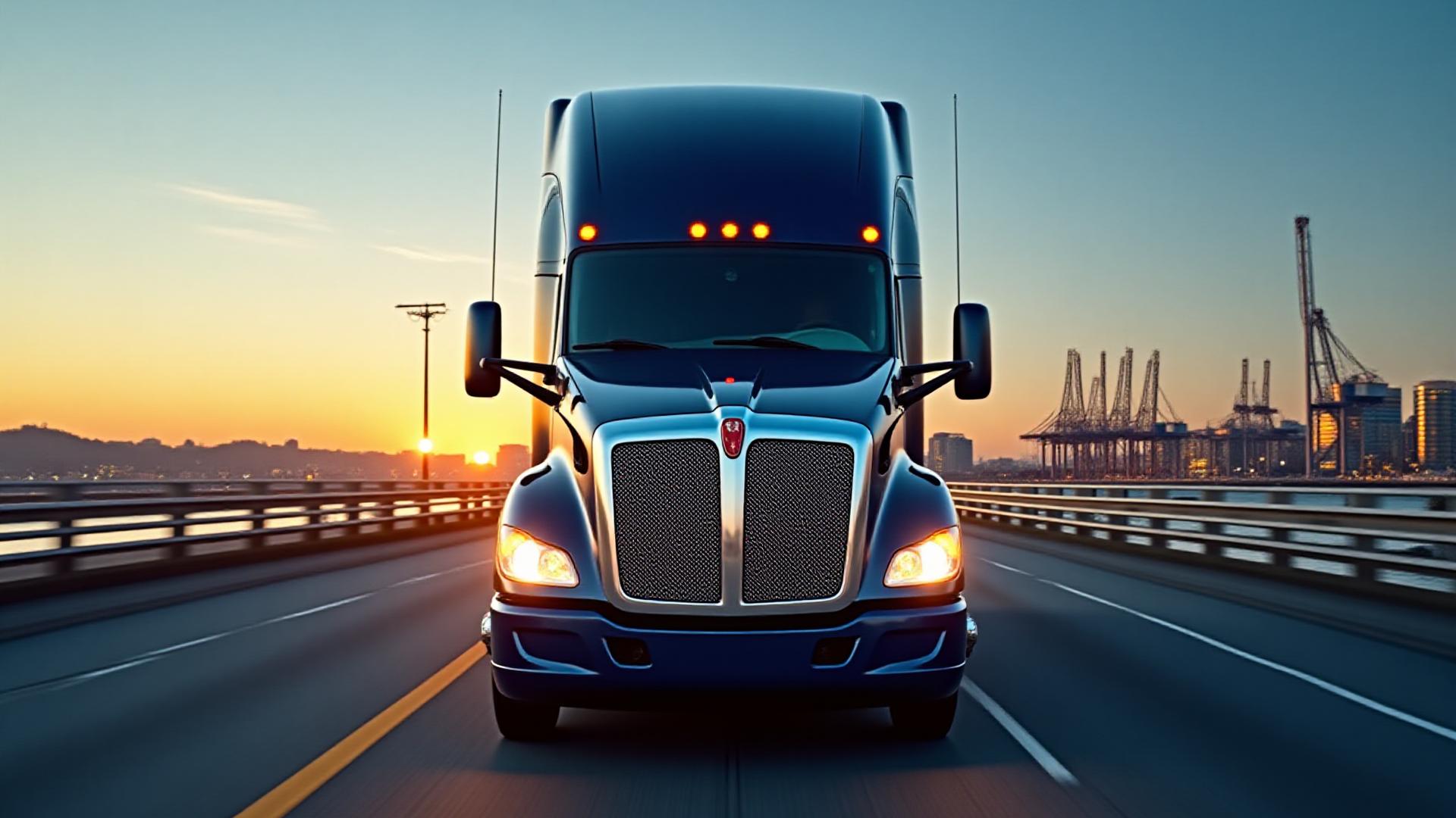 Hamilton truck driving with the Baltimore skyline and Port of Baltimore in the background during twilight